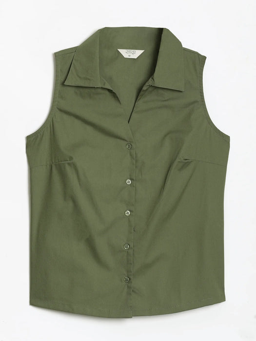 Women Forest Green Better Cotton Sleeveless Shirt