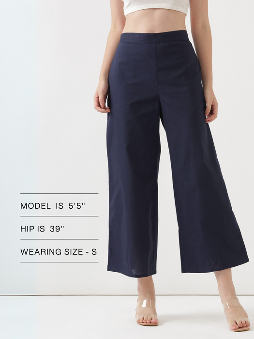 Women Navy Blue Airy Linen Wide Leg Pant