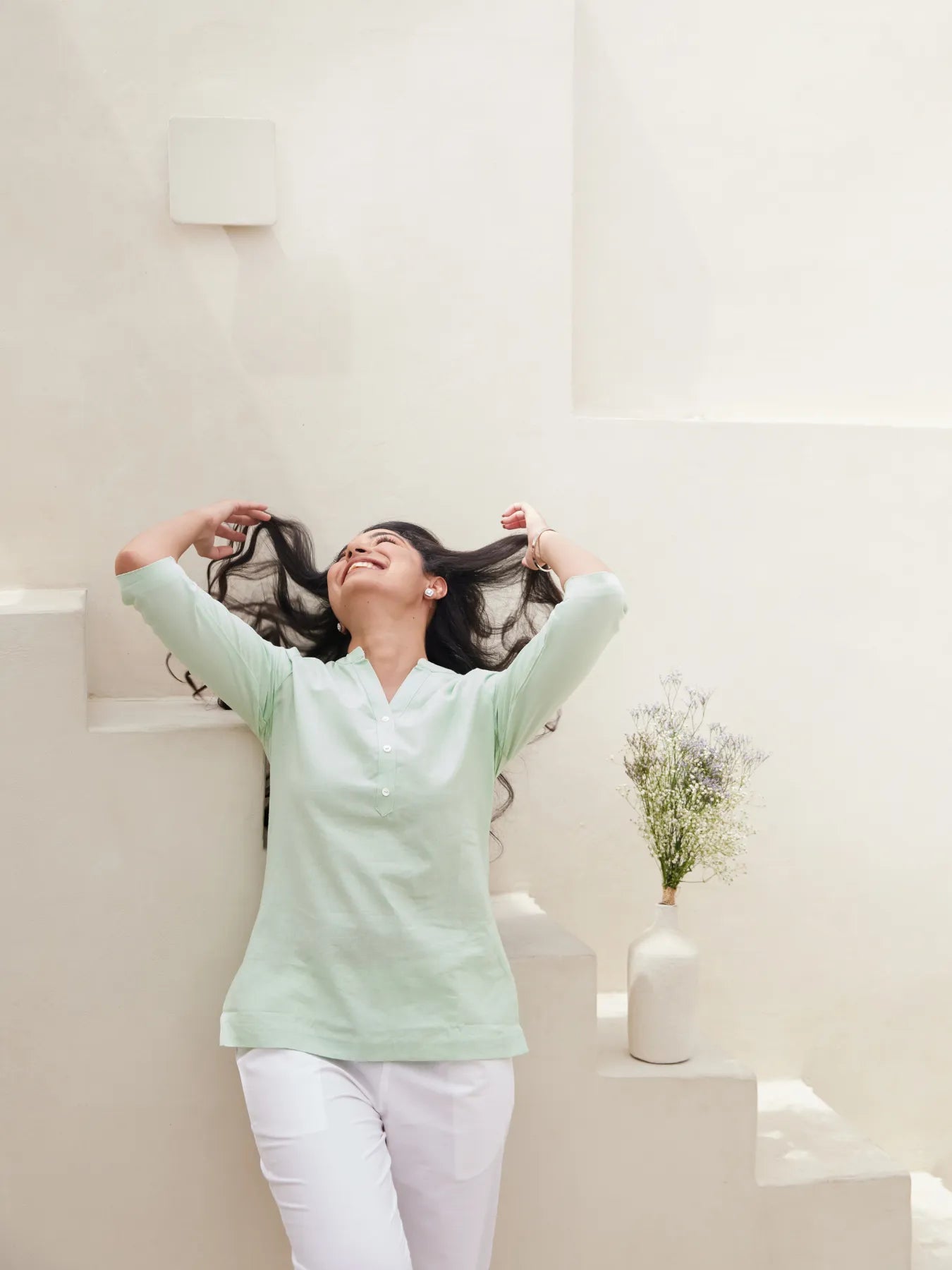 Mint Green Short Kurta with White Cotton Pant
