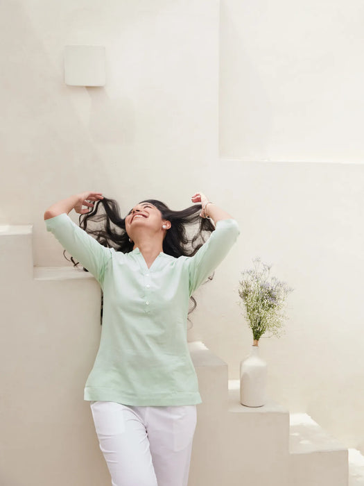 Mint Green Short Kurta with White Cotton Pant