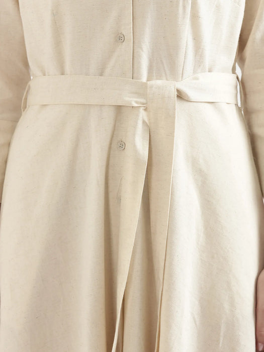 Women Ecru & White Airy Linen Flared Dress
