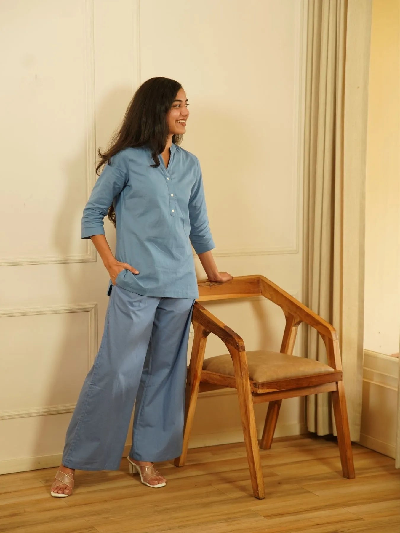 English Blue Airy Linen Short Kurta Co-ord Set