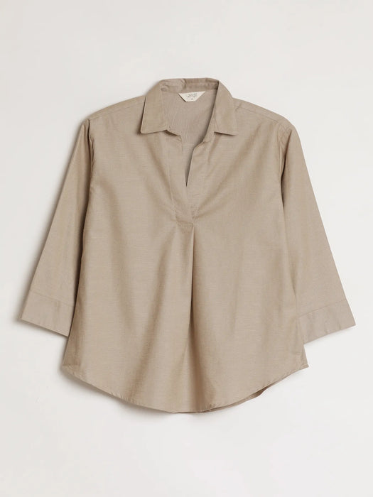 Women Taupe Linen Blend Pleated Top