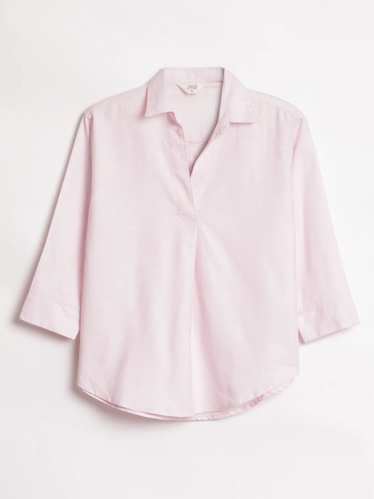 Women Blush Pink Linen Blend Pleated Top & White Airy Linen Wide Leg Pants Pant Set