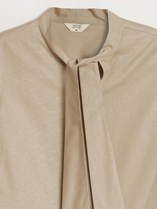 Women Taupe Linen Blend Knot Blouse & Ecru Airy Linen Straight Pants Pant Set