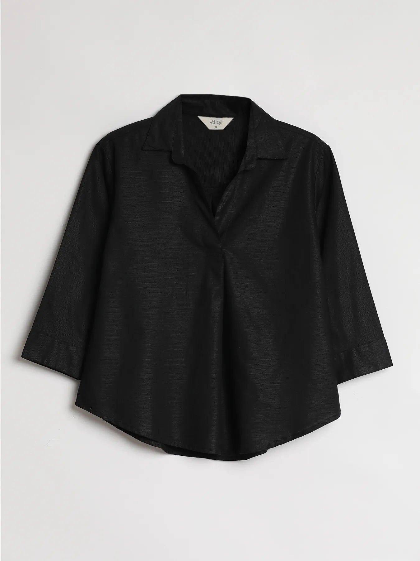 Women Black Linen Blend Pleated Top