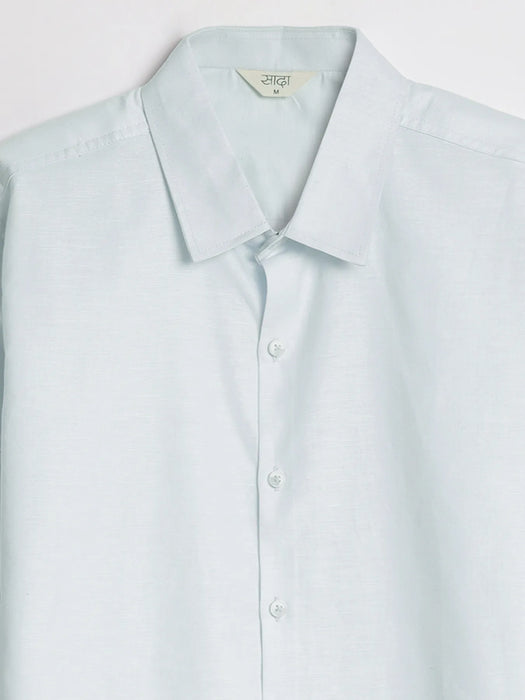Men Powder Blue Linen Blend Short Sleeve Shirt & Beige Cotton Pant Set