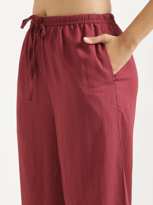 Women Maroon Flowy Linen Pant Set