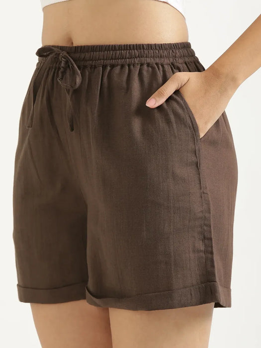 Women Dark Brown Flowy Linen Shorts