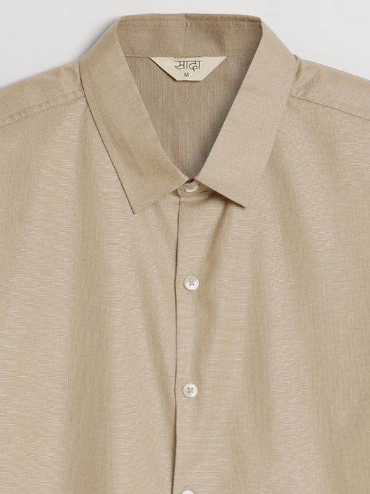 Men Taupe Linen Blend Short Sleeve Shirt & Beige Cotton Pant Set