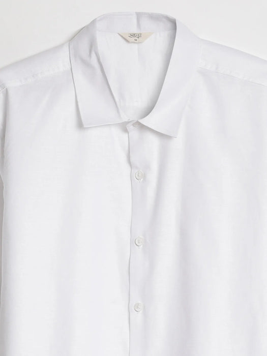 Men White Linen Blend Short Sleeve Shirt