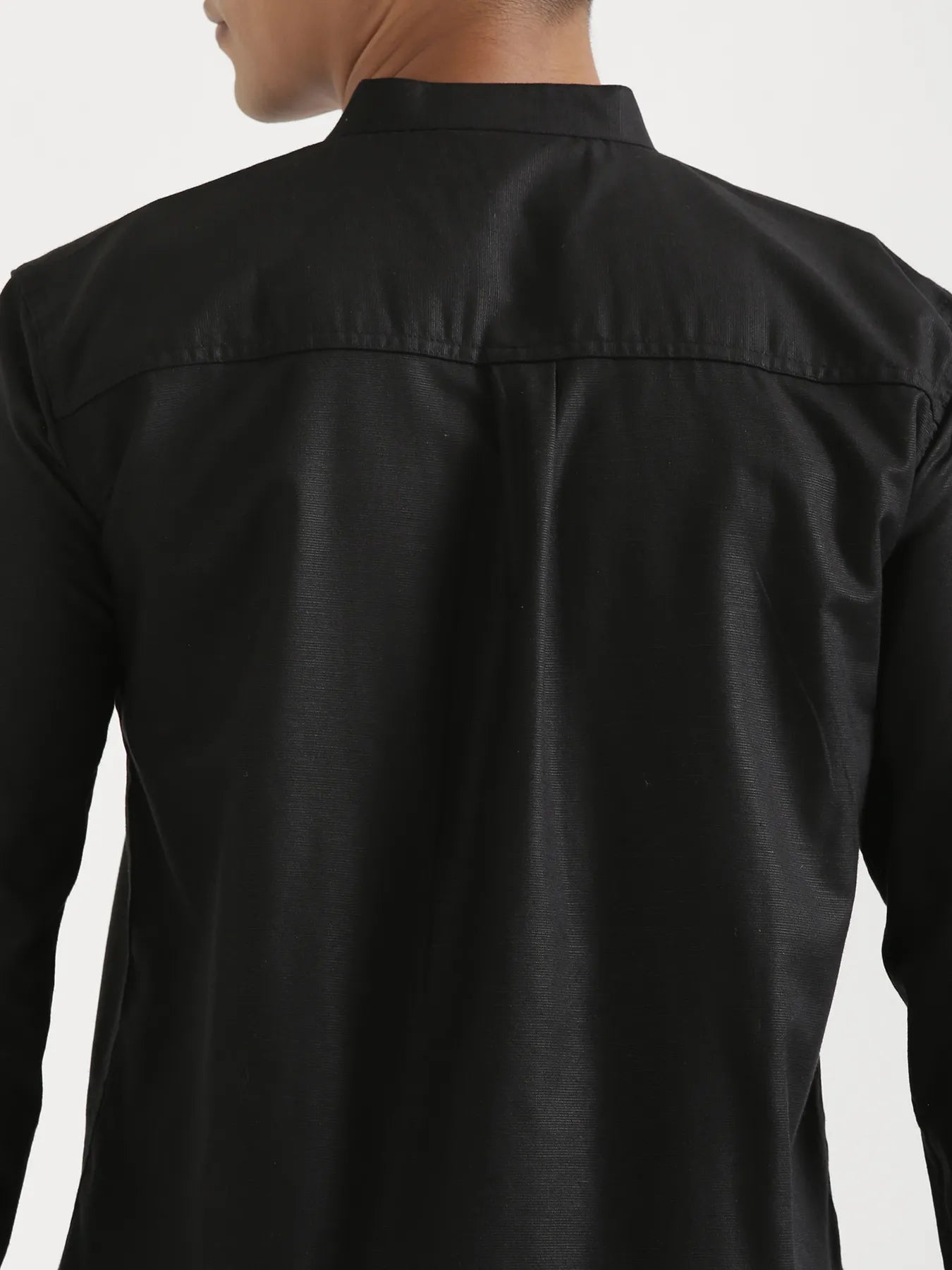 Men Black Linen Blend Mandarin Collar Shirt