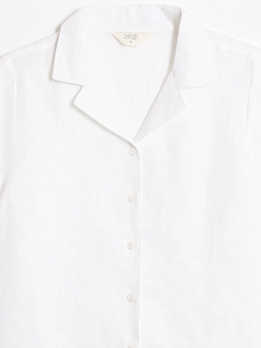 Women White Pure Linen Notch Collar Shirt