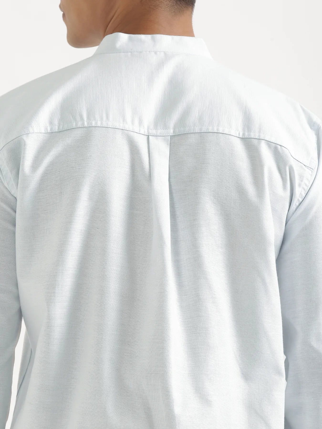 Men Powder Blue Linen Blend Mandarin Collar Shirt