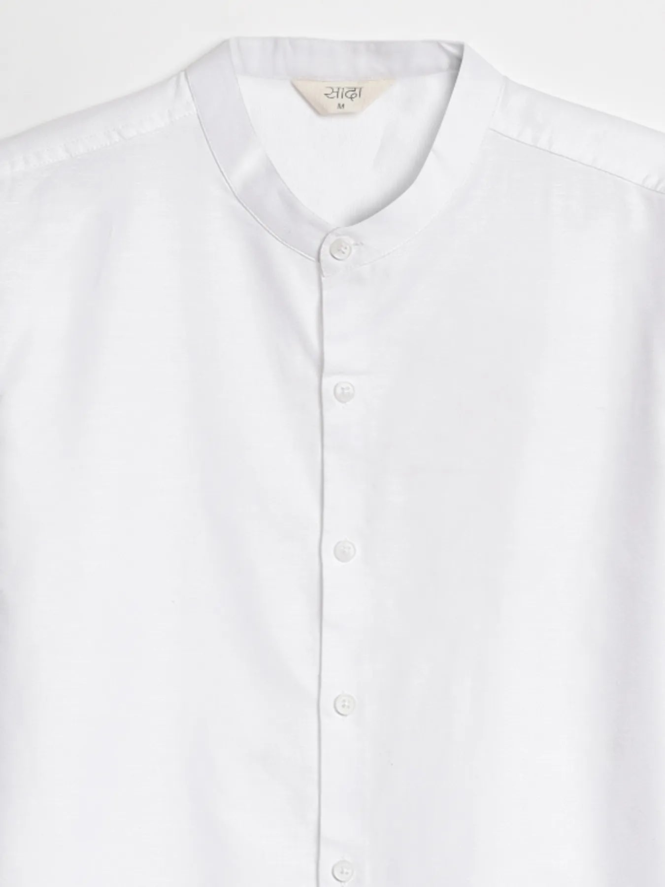 Men White Linen Blend Mandarin Collar Shirt