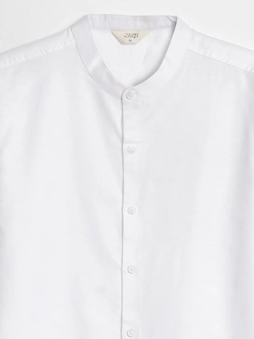 Men White Linen Blend Mandarin Collar Shirt