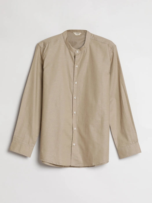 Men Taupe Linen Blend Mandarin Collar Shirt