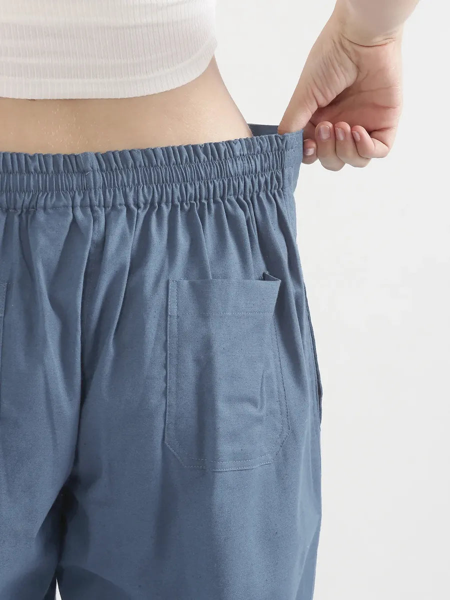 Women English Blue Airy Linen Straight Pants