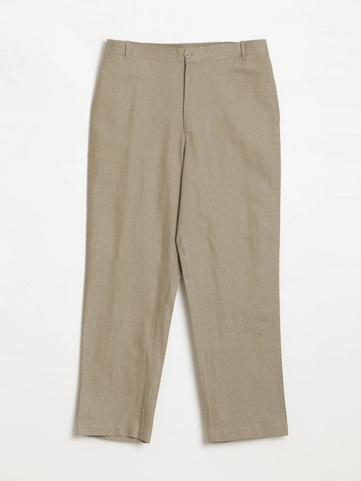 Men Khakhi Linen Blend Straight Pant