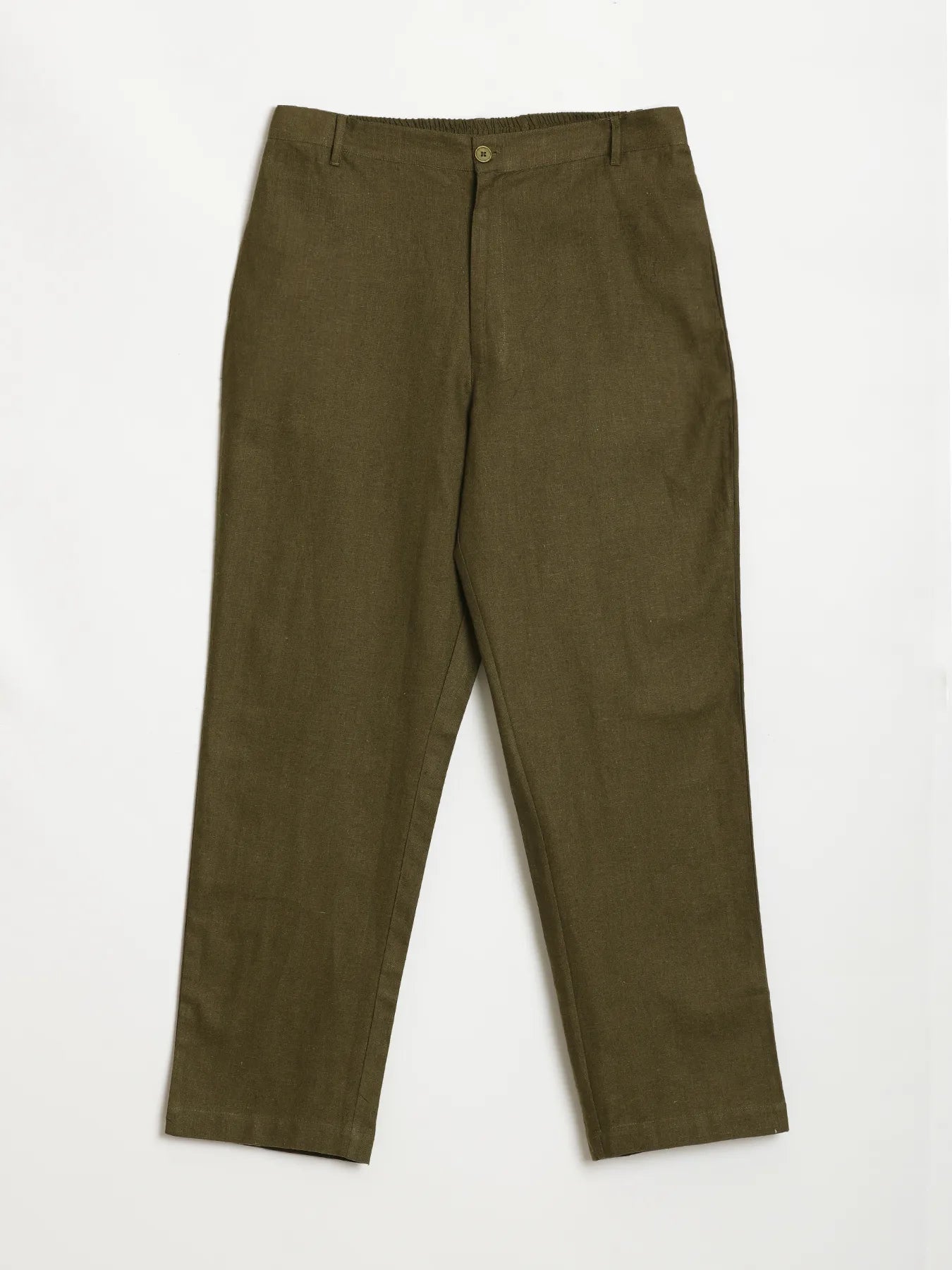 Men Olive Green Linen Blend Straight Pant