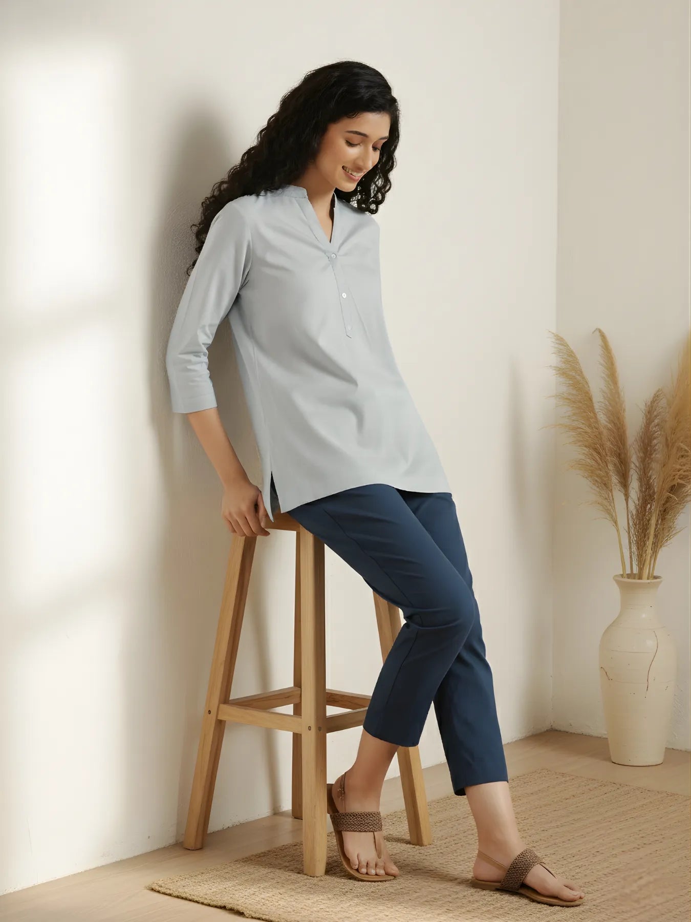 Women Sky Blue Airy Linen Short Kurta & Peacock Blue Cotton Pant Set