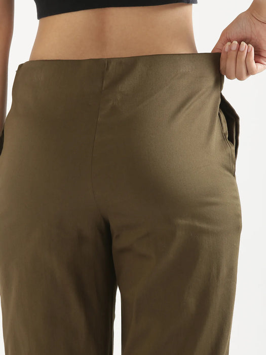 Women Olive Green & White Straight Fit Formal Pants