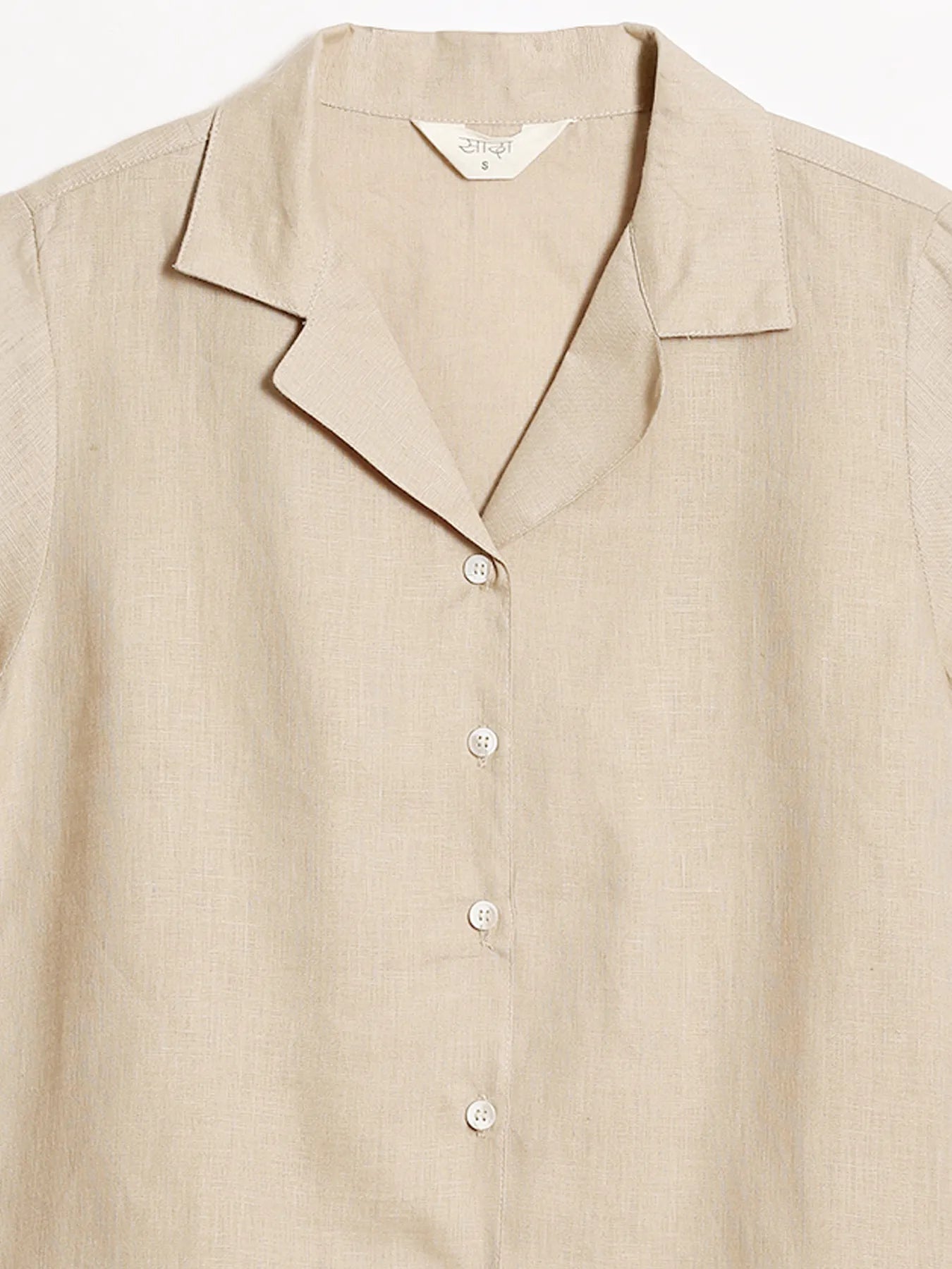 Women Taupe Pure Linen Notch Collar Shirt
