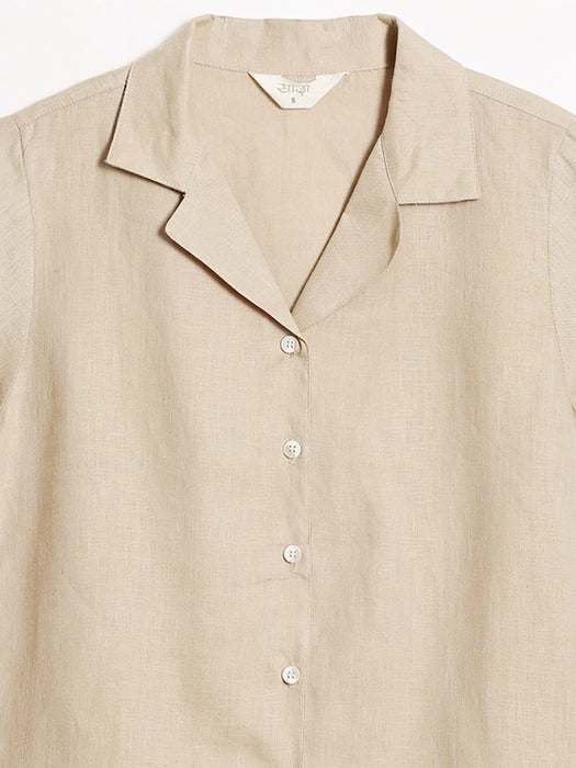 Women Taupe Pure Linen Notch Collar Shirt