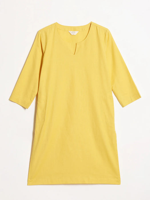 Women Yellow Airy Linen Mid Thigh Length Kurta