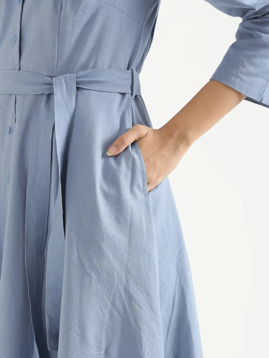 Women English Blue Airy Linen Flared Dress