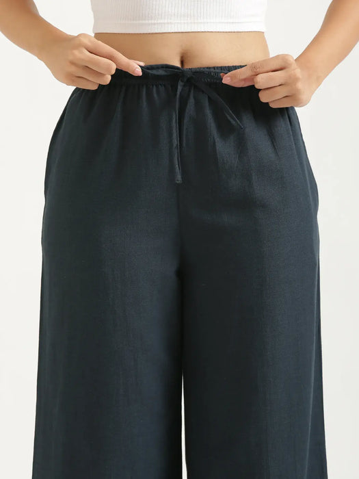 Women Navy Blue Flowy Linen Wide Leg Pants