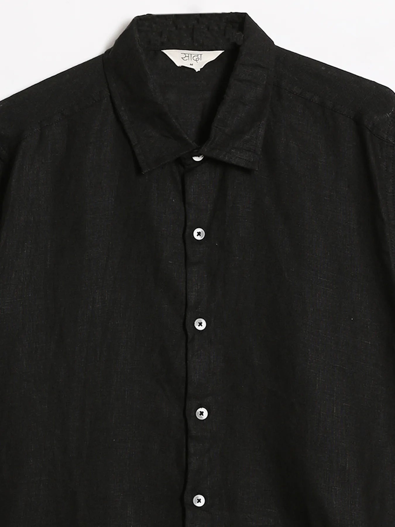 Women Black Pure Linen Notch Collar Shirt