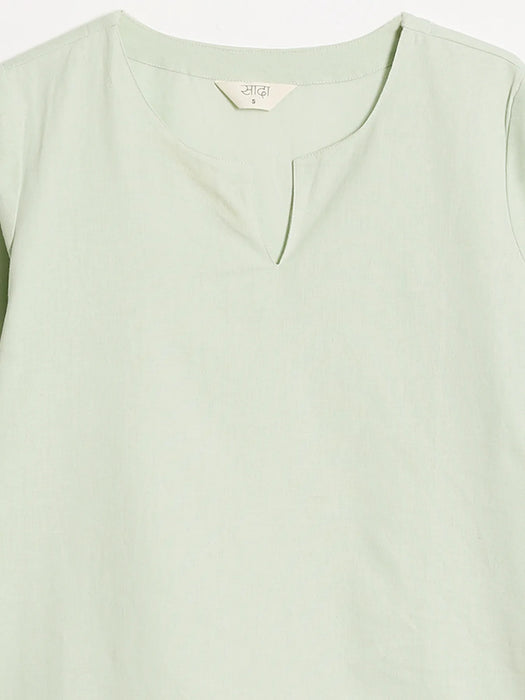 Women Mint Green Airy Linen Split Neck Short Kurta
