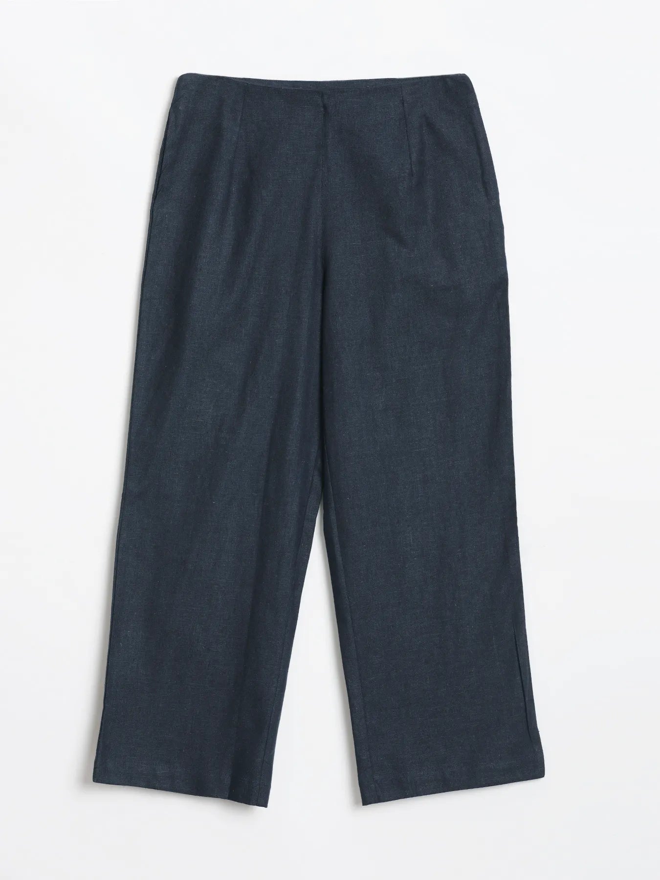 Women Navy Blue Linen Blend Wide Leg Pant