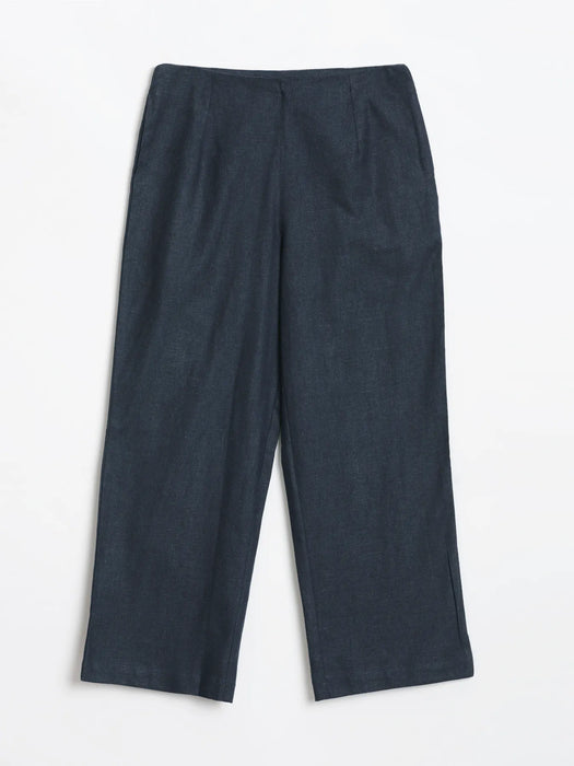 Women Navy Blue Linen Blend Wide Leg Pant