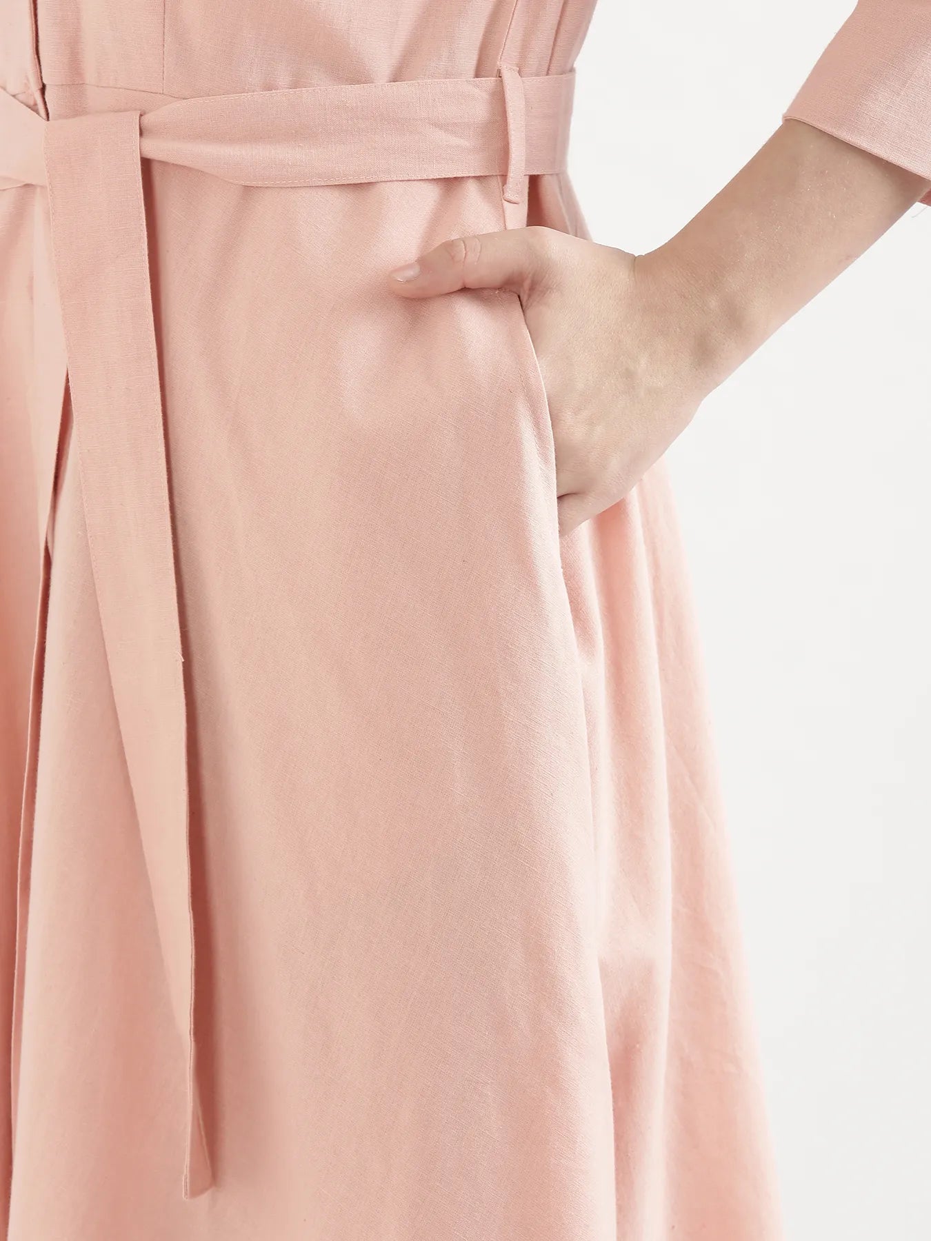 Women Salmon Pink Airy Linen Flared Dress