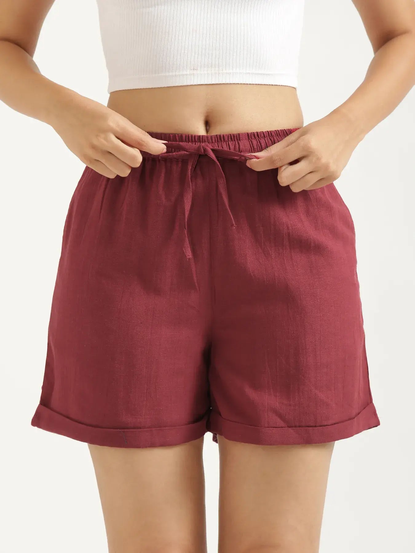 Women Maroon Flowy Linen Shorts