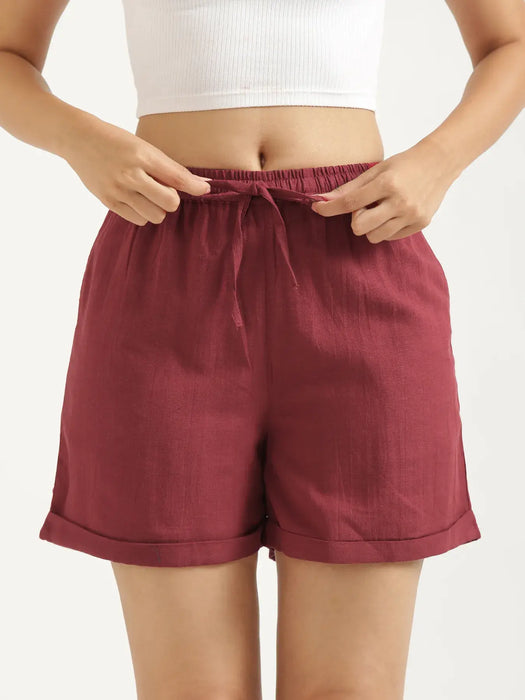Women Maroon Flowy Linen Shorts