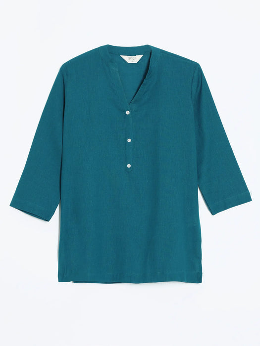 Women Turquoise Airy Linen Short Kurta