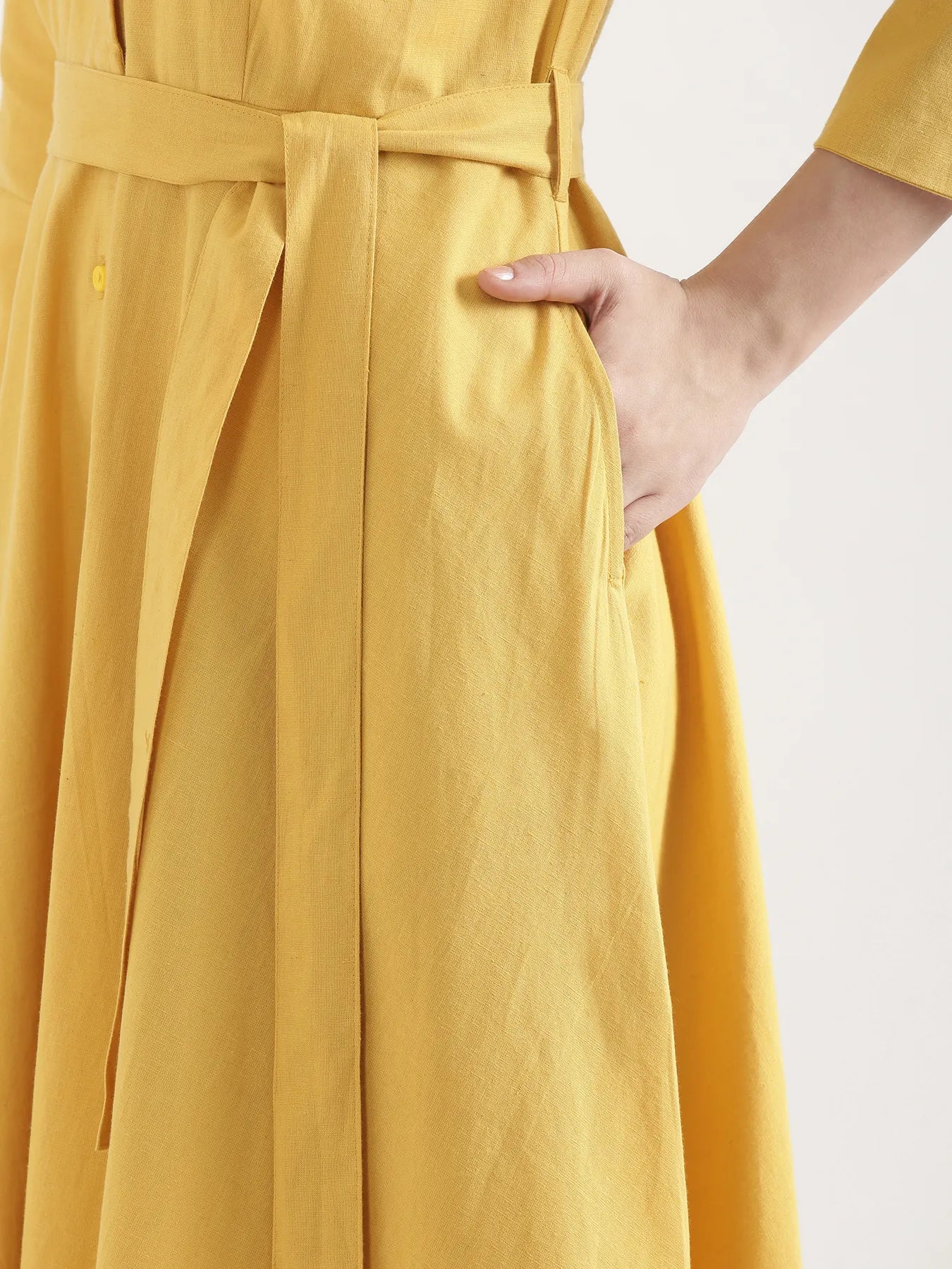 Women Yellow Airy Linen Flared Dress