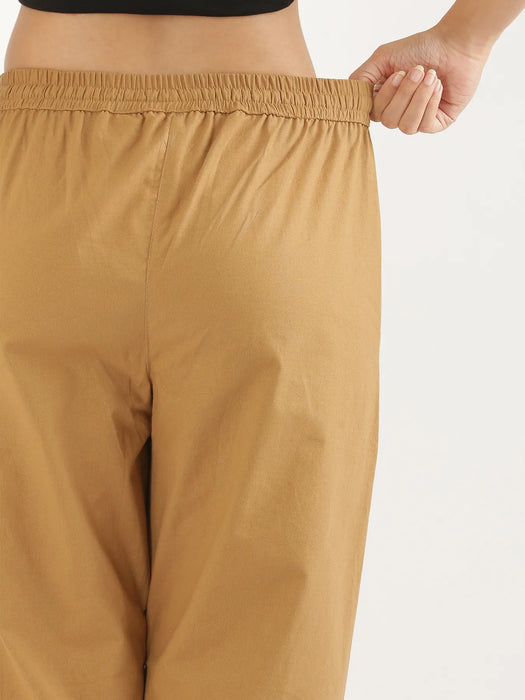 Women Coffee Brown Cotton Straight Pant
