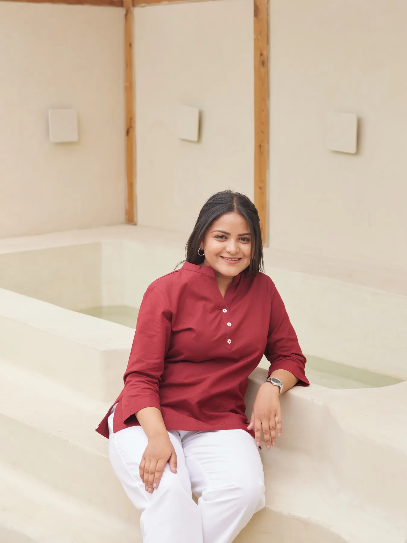Maroon Short Kurta with White Cotton Pant