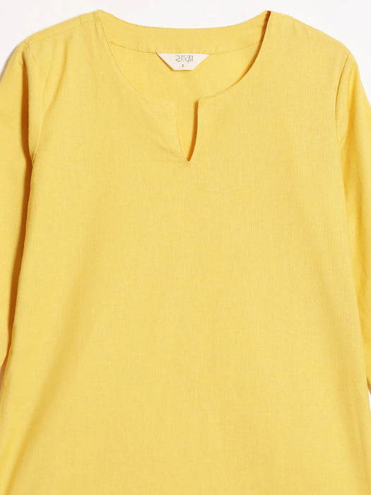 Women Yellow Airy Linen Split Neck Short Kurta