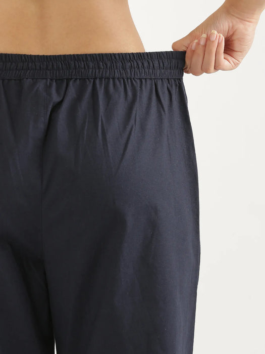 Women Navy Blue Cotton Straight Pant