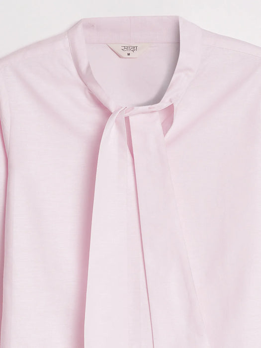 Women Blush Pink Linen Blend Knot Blouse & White Airy Linen Straight Pants Pant Set