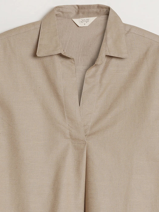 Women Taupe Linen Blend Pleated Top