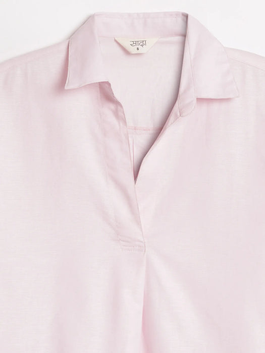 Women Blush Pink Linen Blend Pleated Top & White Airy Linen Wide Leg Pants Pant Set