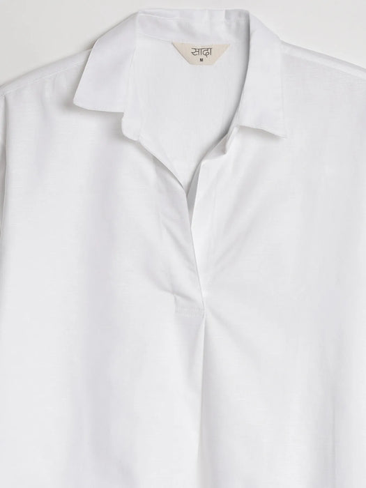 Women White Linen Blend Pleated Top