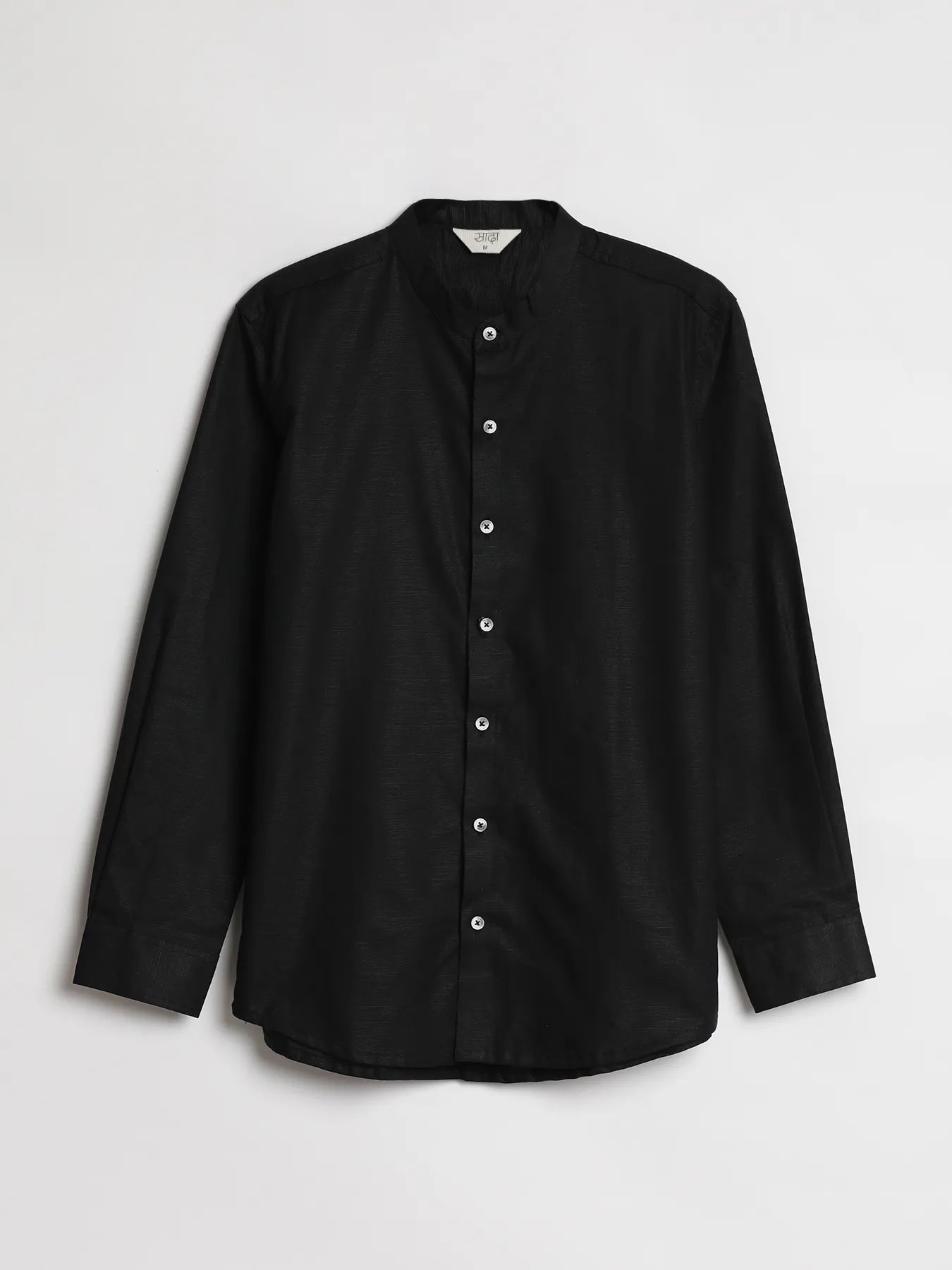 Men Black Linen Blend Mandarin Collar Shirt