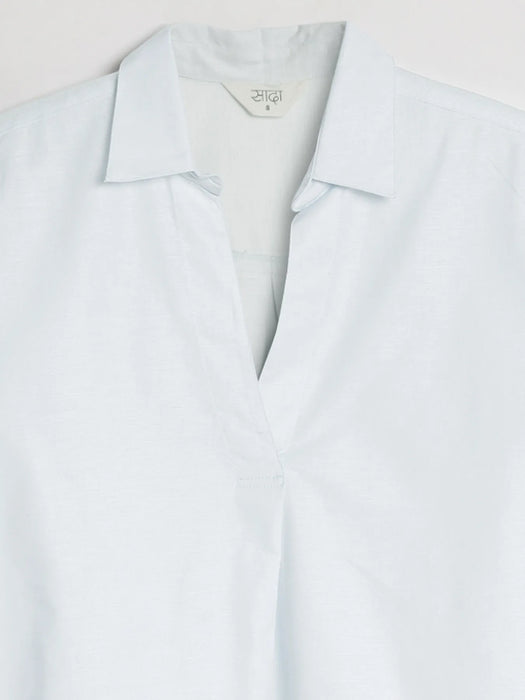 Women Powder Blue Linen Blend Pleated Top